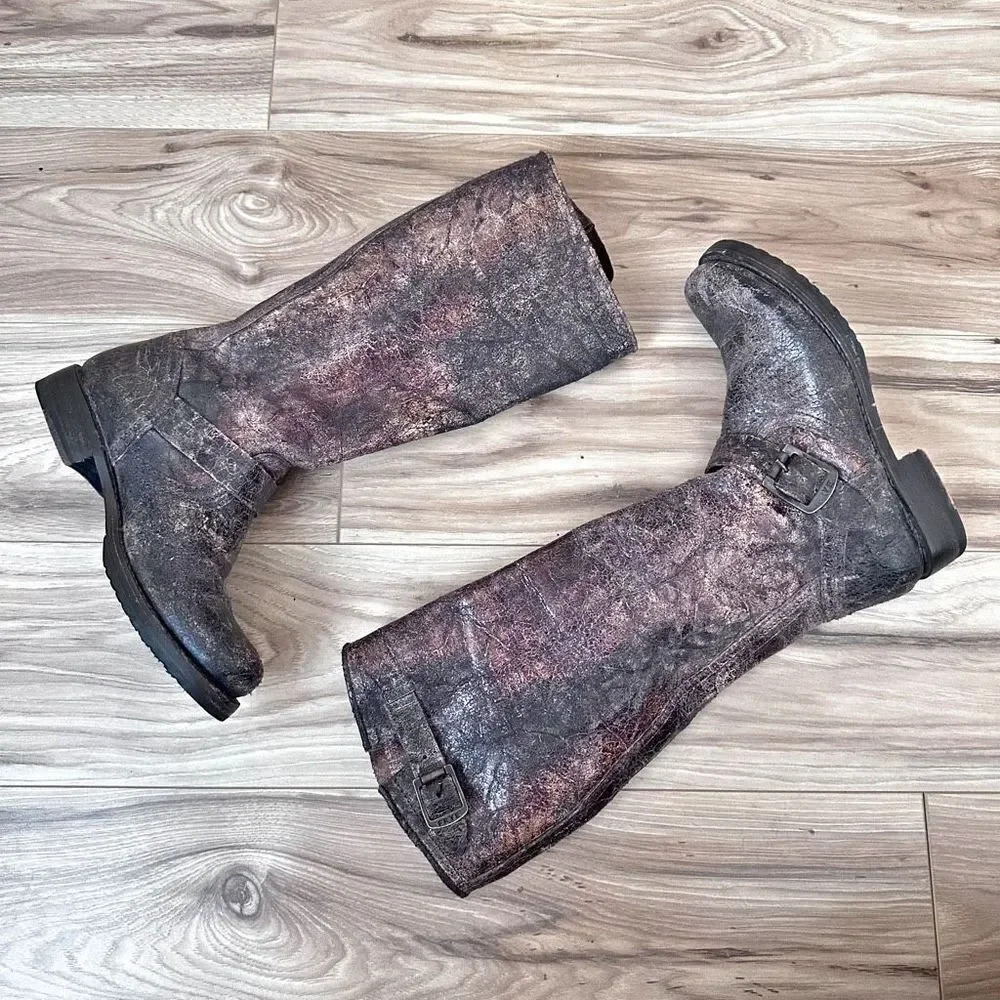 FRYE | Veronica Slouch Boot Chocol Crackle Leather Knee High Moto | Size 6.5